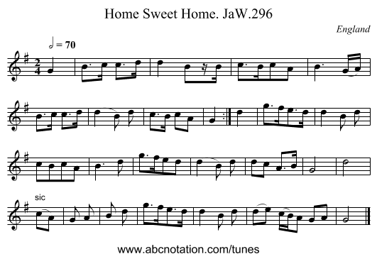 Home Sweet Home. JaW.296 - staff notation