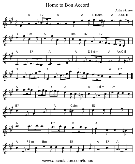 Home to Bon Accord - staff notation