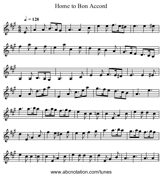 Home to Bon Accord - staff notation
