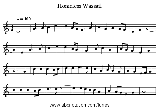 Homeless Wassail - staff notation
