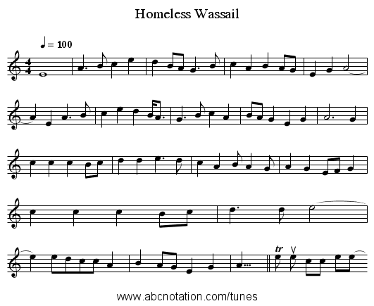 Homeless Wassail - staff notation