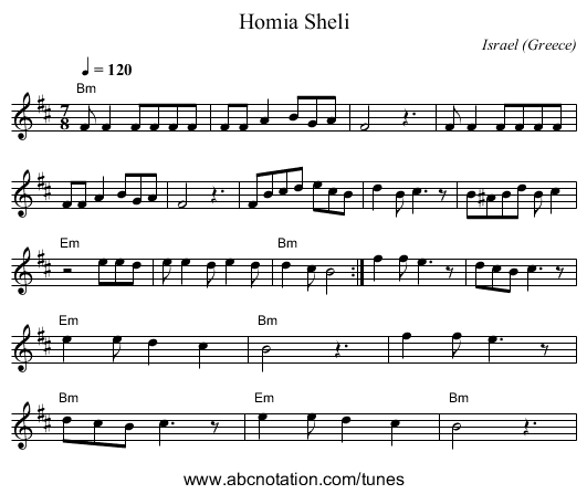 Homia Sheli - staff notation