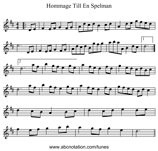 Hommage Till En Spelman - staff notation