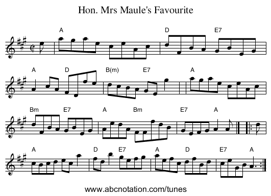 Hon. Mrs Maule's Favourite - staff notation