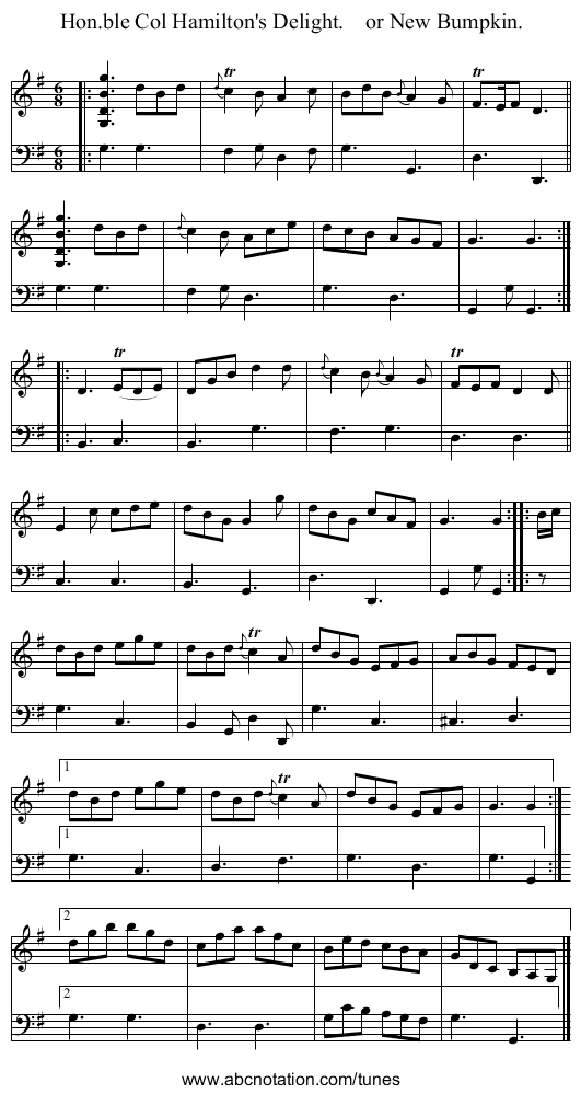 Hon.ble Col Hamilton's Delight.    or New Bumpkin. - staff notation