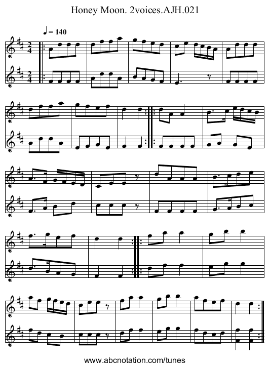 Honey Moon. 2voices.AJH.021 - staff notation