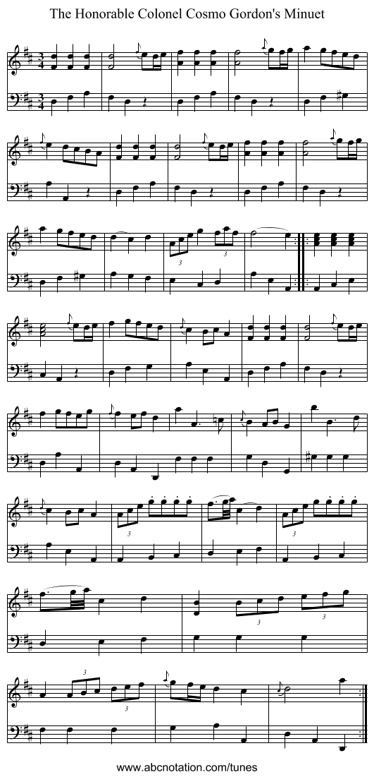 Honorable Colonel Cosmo Gordon's Minuet, The - staff notation