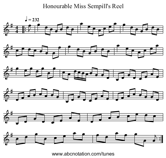 Honourable Miss Sempill's Reel - staff notation