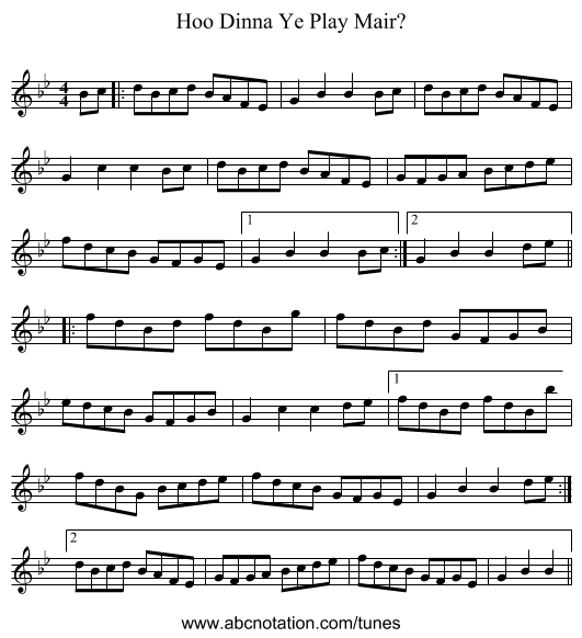 Hoo Dinna Ye Play Mair? - staff notation