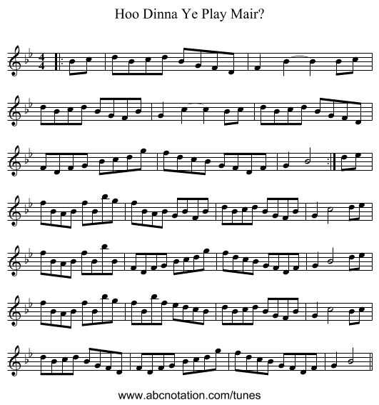 Hoo Dinna Ye Play Mair? - staff notation