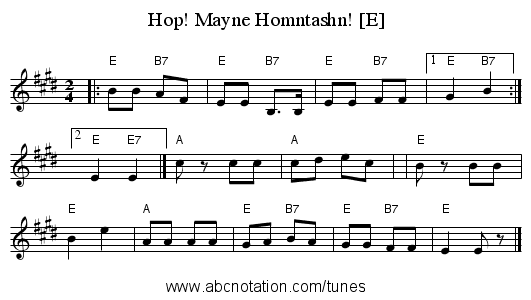 Hop! Mayne Homntashn! [E] - staff notation
