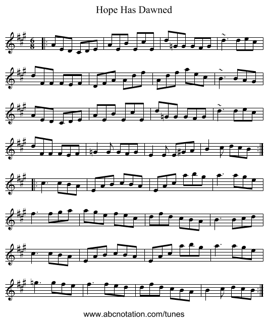 Hope Has Dawned - staff notation
