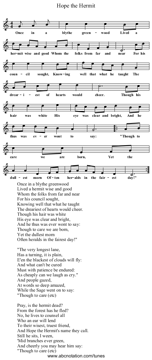 Hope the Hermit - staff notation