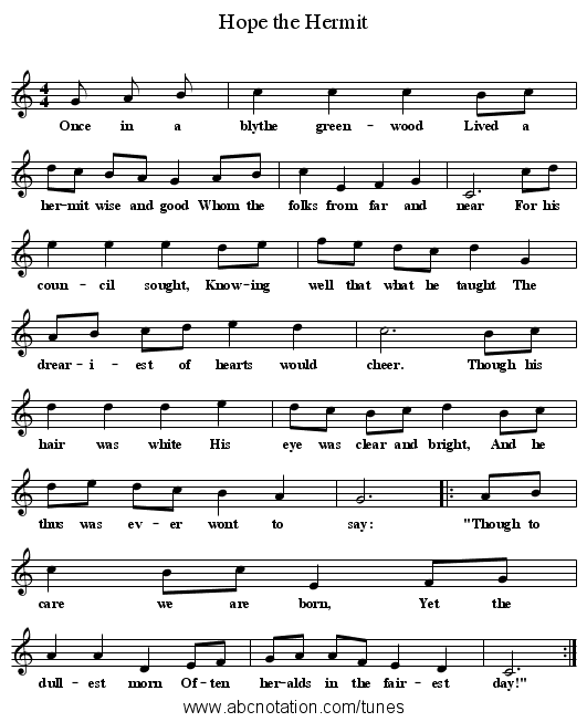 Hope the Hermit - staff notation