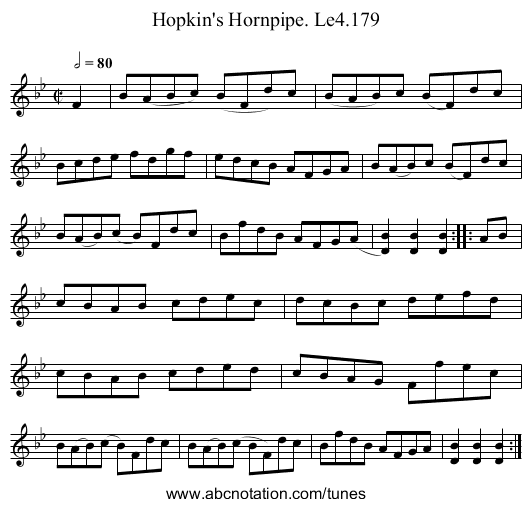 Hopkin's Hornpipe. Le4.179 - staff notation
