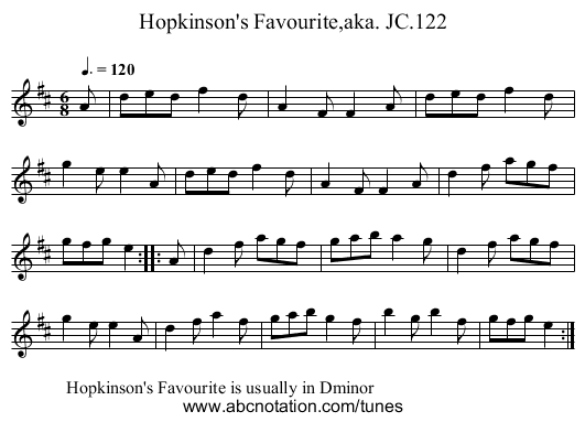 Hopkinson's Favourite,aka. JC.122 - staff notation