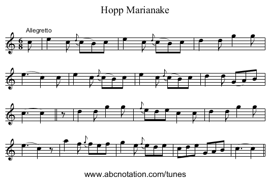 Hopp Marianake - staff notation