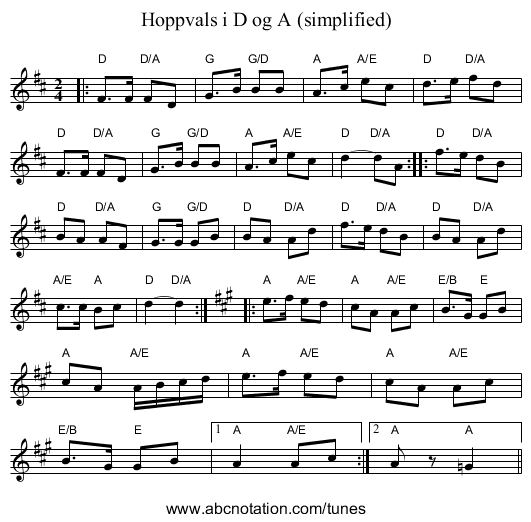 Hoppvals i D og A (simplified) - staff notation