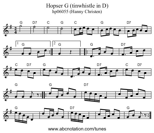Hopser G (tinwhistle in D) - staff notation