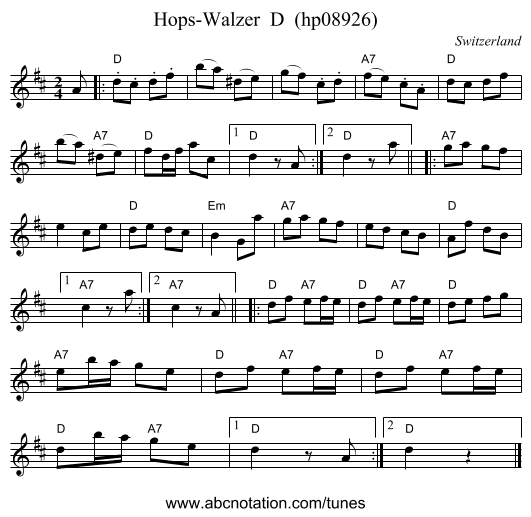 Hops-Walzer  D  (hp08926) - staff notation