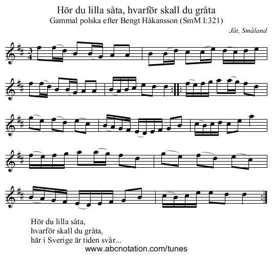 Hör du lilla såta, hvarför skall du gråta - staff notation