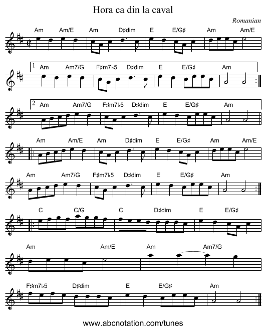 Hora ca din la caval - staff notation
