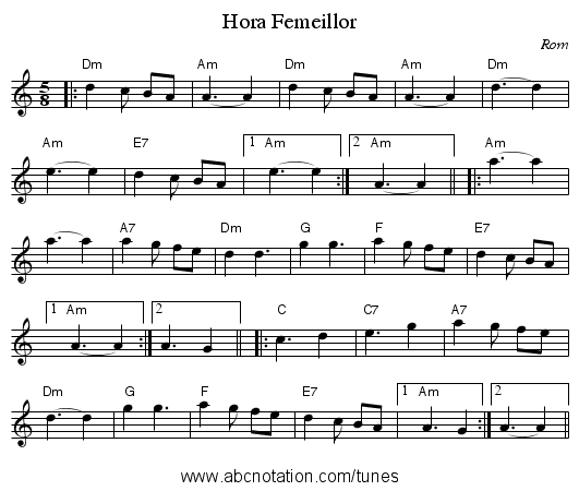 Hora Femeillor - staff notation