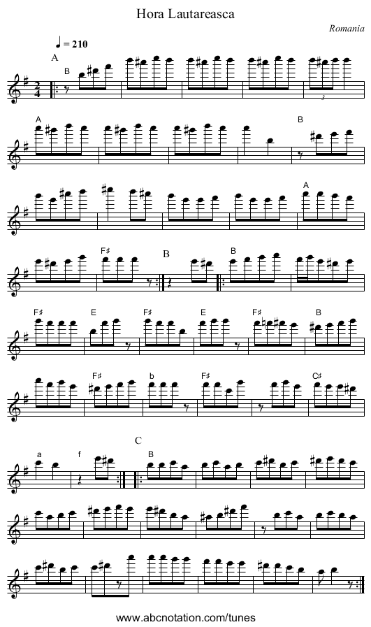 Hora Lautareasca - staff notation