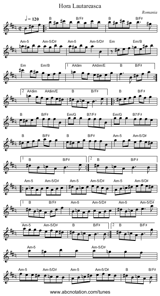 Hora Lautareasca - staff notation