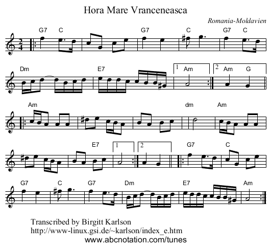 Hora Mare Vranceneasca - staff notation