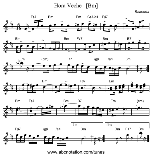 Hora Veche   [Bm] - staff notation