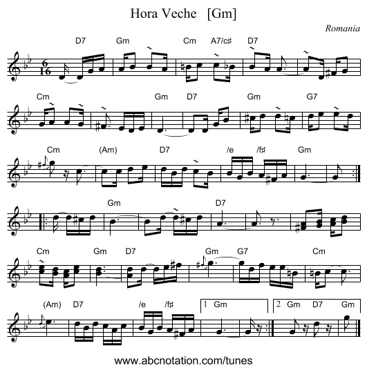 Hora Veche   [Gm] - staff notation
