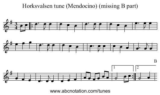 Horksvalsen tune (Mendocino) (missing B part) - staff notation