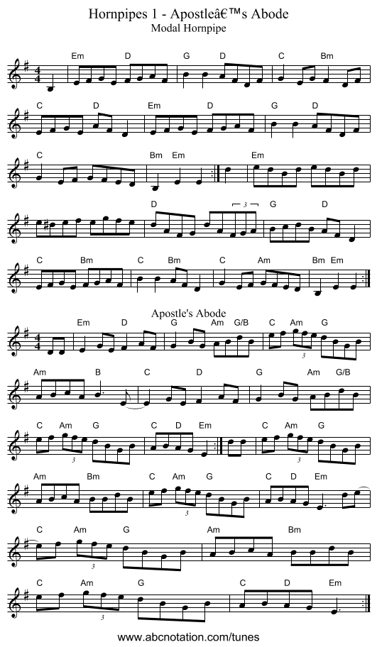 Hornpipes 1 - Apostle’s Abode - staff notation