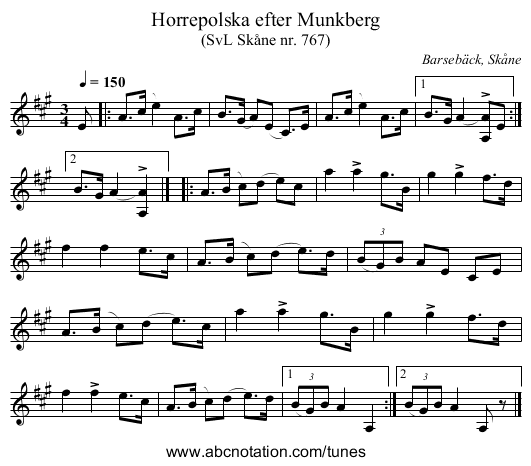 Horrepolska efter Munkberg - staff notation