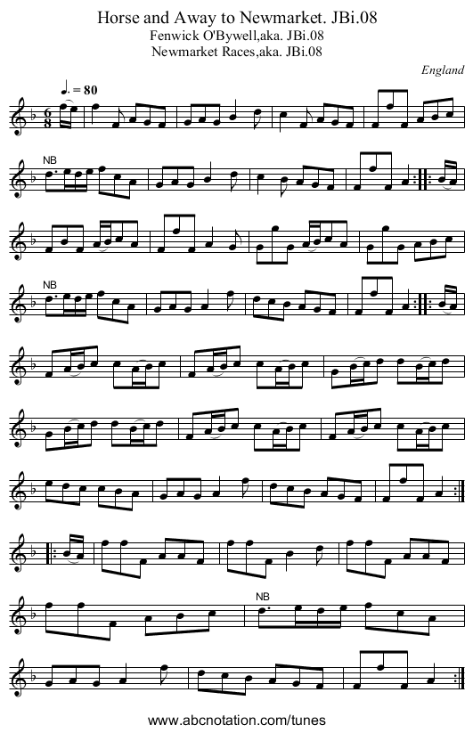 Horse and Away to Newmarket. JBi.08 - staff notation