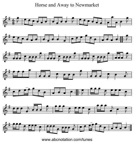 Horse and Away to Newmarket - staff notation