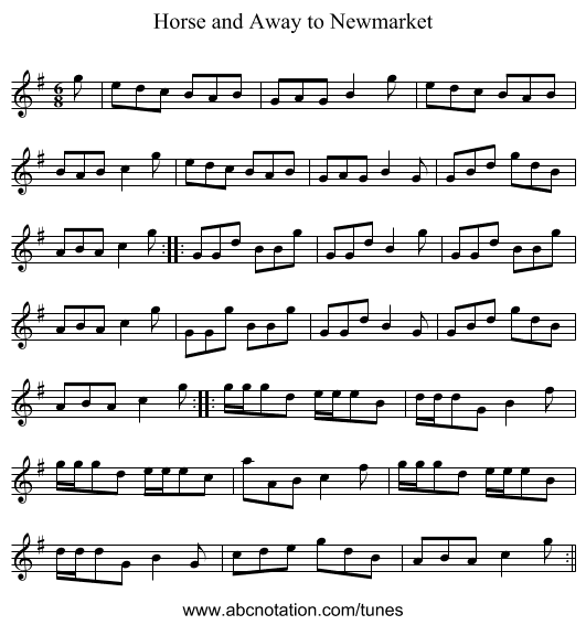 Horse and Away to Newmarket - staff notation
