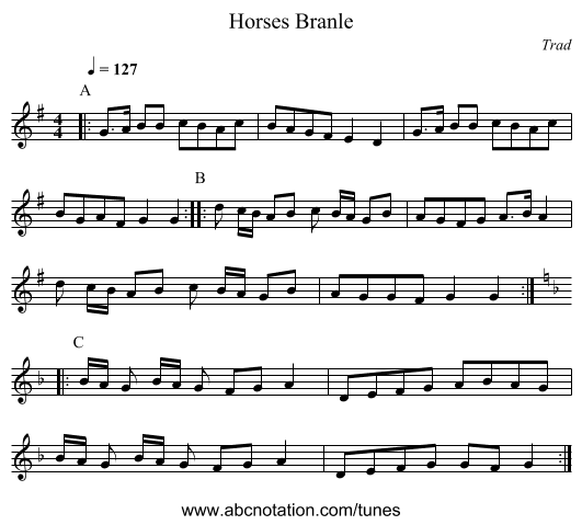 Horses Branle - staff notation