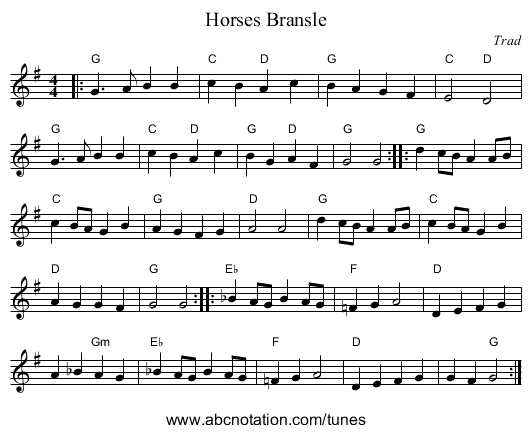 Horses Bransle - staff notation