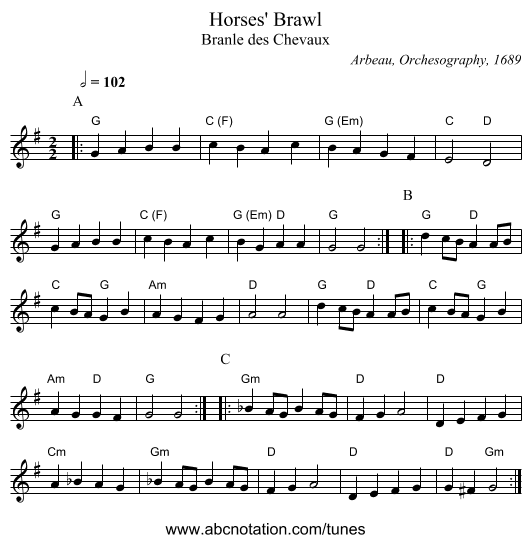 Horses' Brawl - staff notation