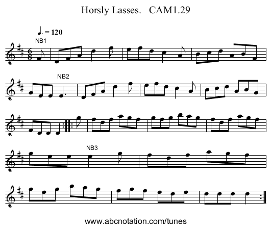 Horsly Lasses.   CAM1.29 - staff notation
