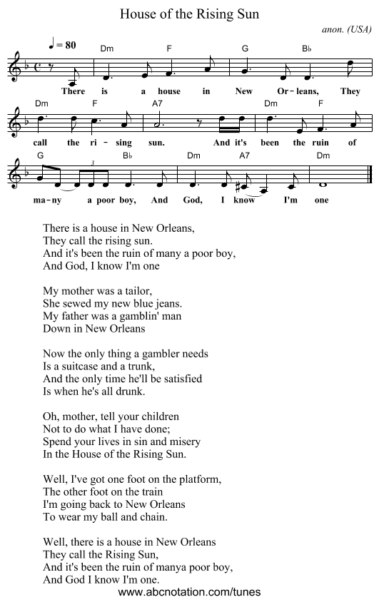 House of the Rising Sun - staff notation