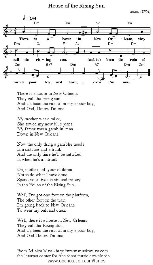 House of the Rising Sun - staff notation