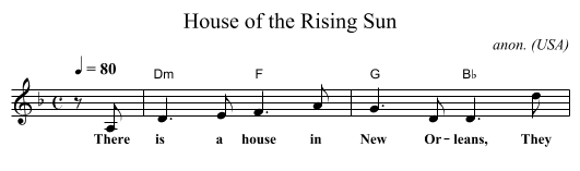 House of the Rising Sun - staff notation