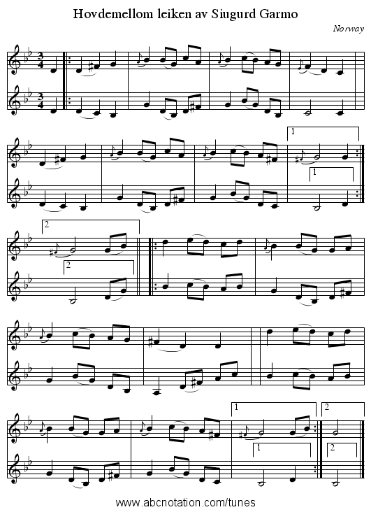 Hovdemellom leiken av Siugurd Garmo - staff notation