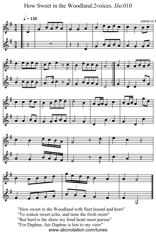 How Sweet in the Woodland.2voices. JJo.010 - staff notation