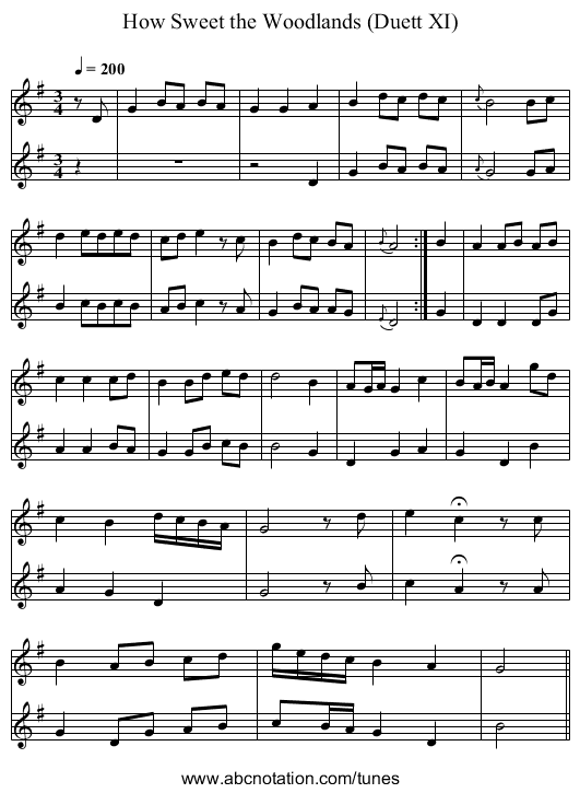 How Sweet the Woodlands (Duett XI) - staff notation