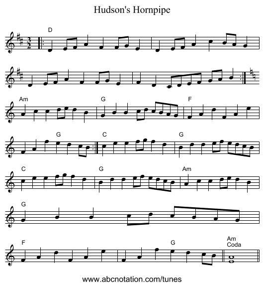 Hudson's Hornpipe - staff notation