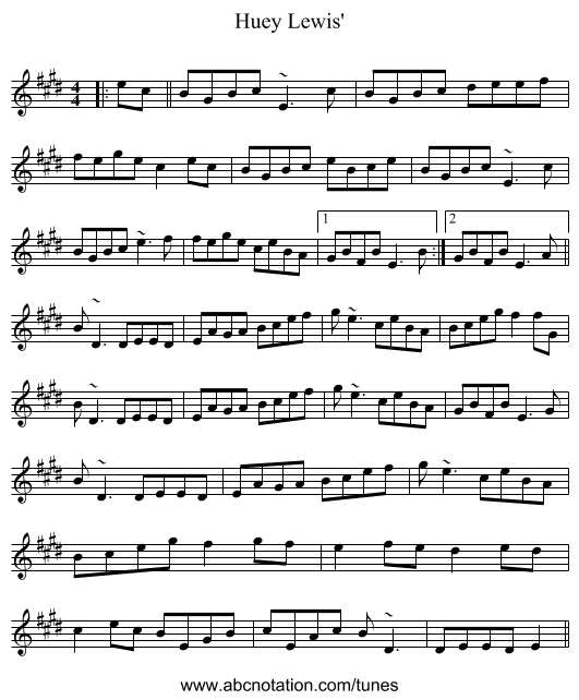 Huey Lewis' - staff notation